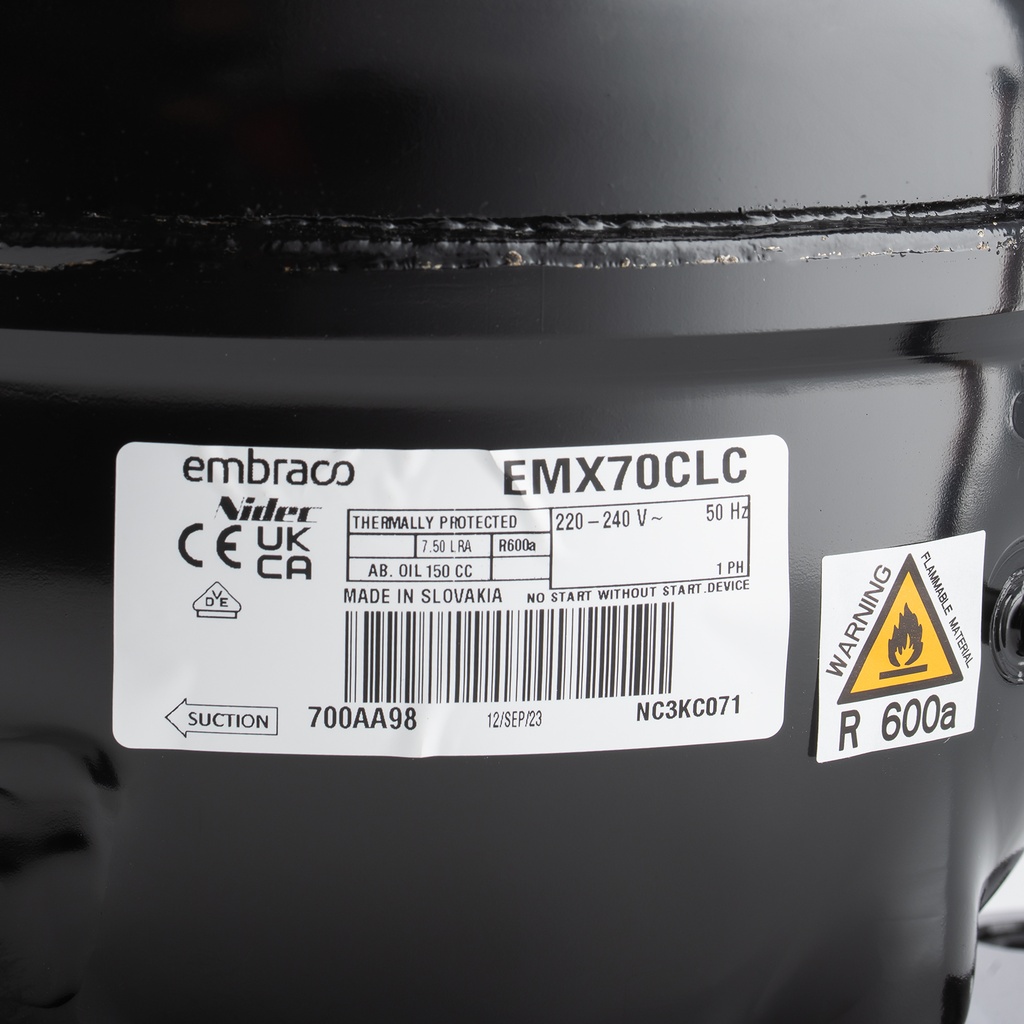 Compressor R600a EMX70CLC 230V 11,14cm³ 1/5HP