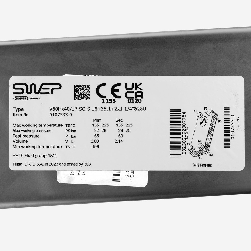 Plate heat exchanger V80Hx40/1P- SC-S 16+35.1+2x1 1/4"&28U