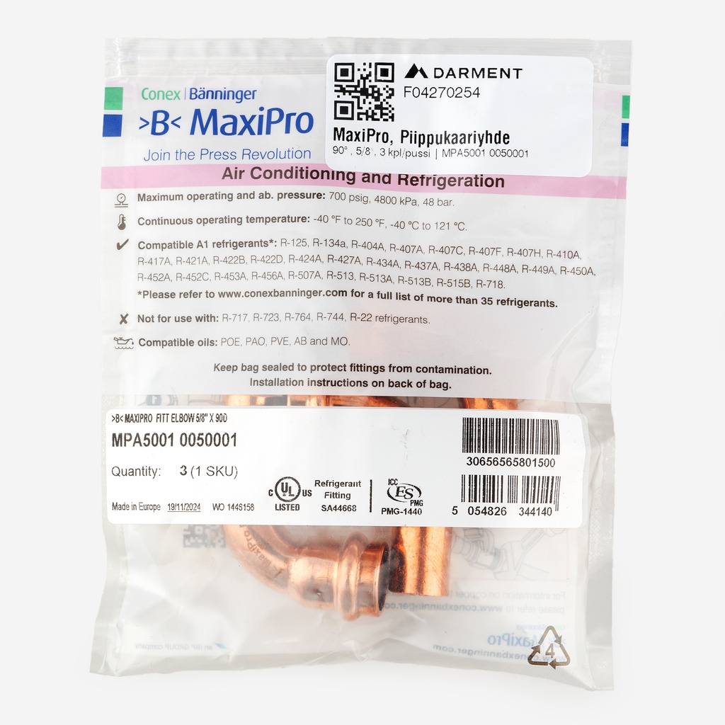 MaxiPro, 90° Street Bend, 5/8", 3pcs/bag | MPA5001 0050001