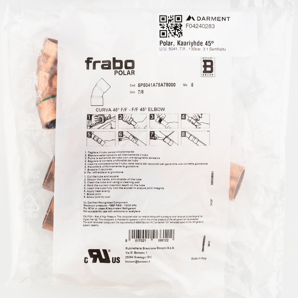 Polar, 45° FF bend, 5041, 7/8"x 7/8", 130bar, 3.1 Certificate