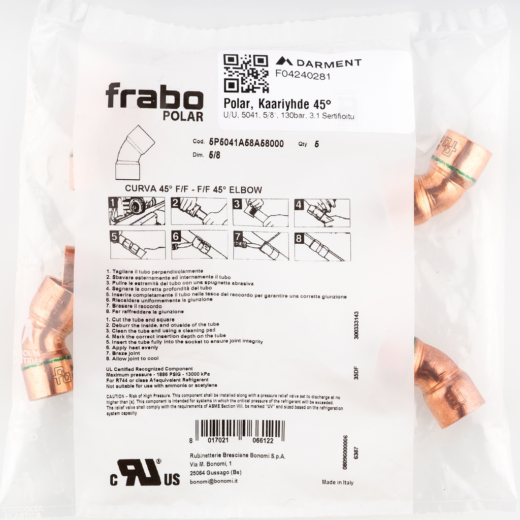 Polar, 45° FF bend, 5041, 5/8"x 5/8", 130bar, 3.1 Certificate