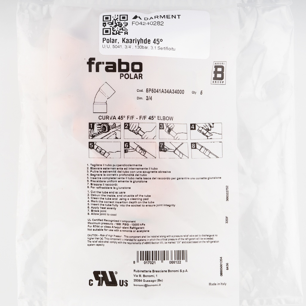 Polar, 45° FF bend, 5041, 3/4"x 3/4", 130bar, 3.1 Certificate