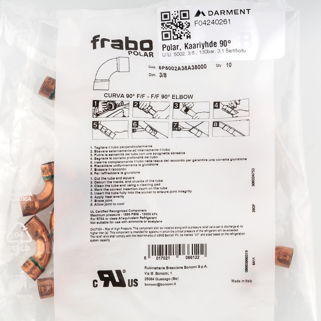 Polar, 90° FF bend, 5002, 3/8"x 3/8", 130bar, 3.1 Certificate